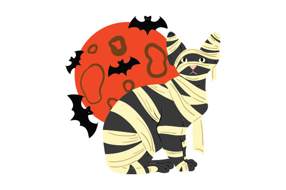 Halloween Mummy Cat with a Red Full Moon